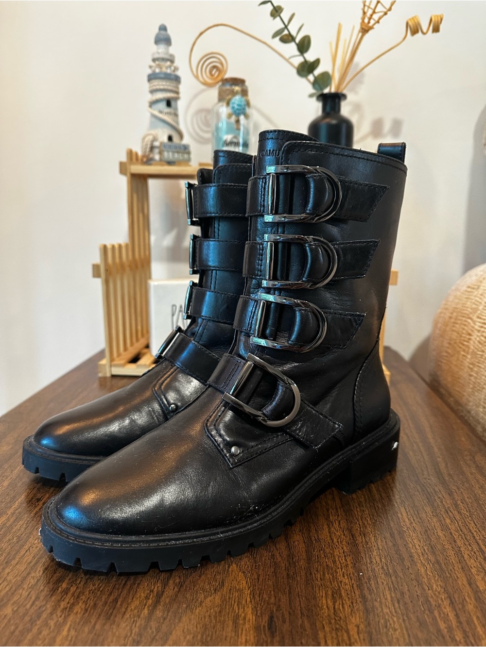 Vince Camuto Black Real Leather Buckle Combat Boots - Women Size 8.5